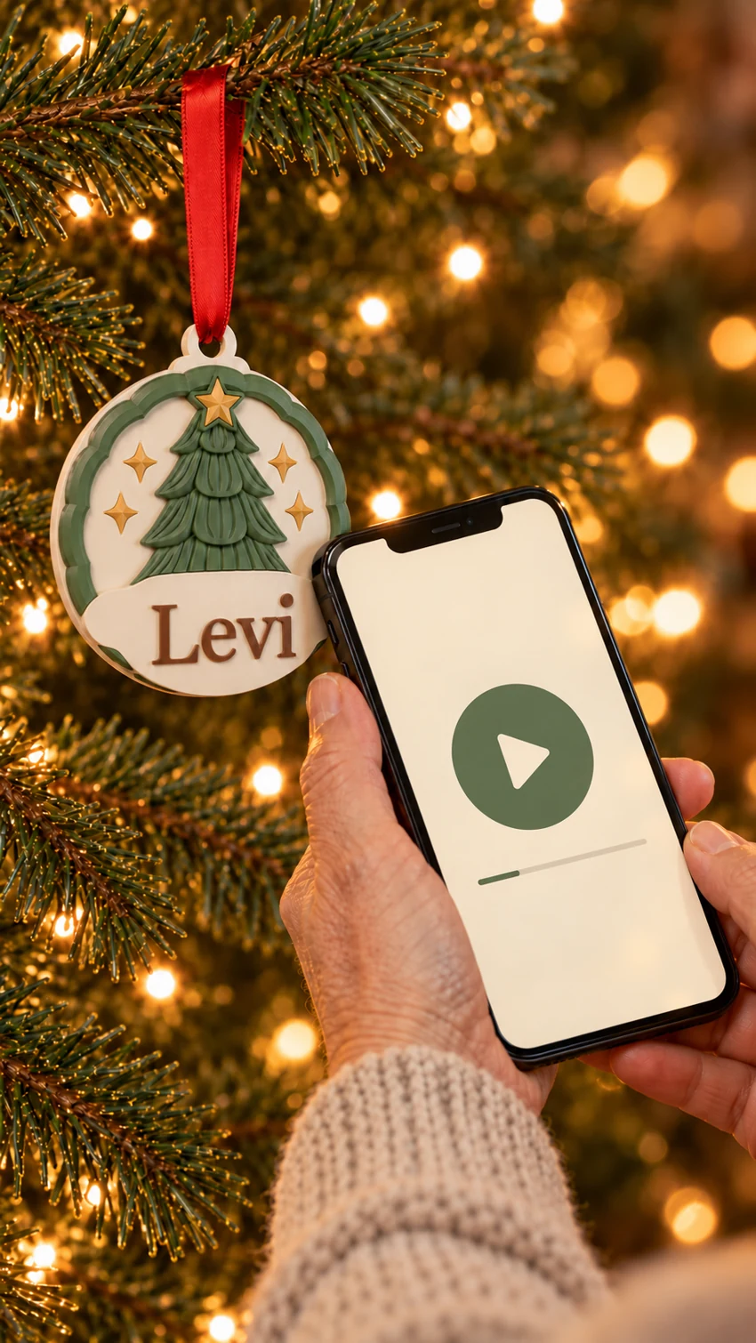 Simulação da experiência: celular junto à plaquinha Levi, com um botão de Play na tela.